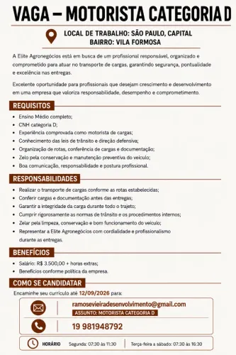 Vaga - Motorista Categoria D - Vila Formosa - Zona leste - São Paulo - SP