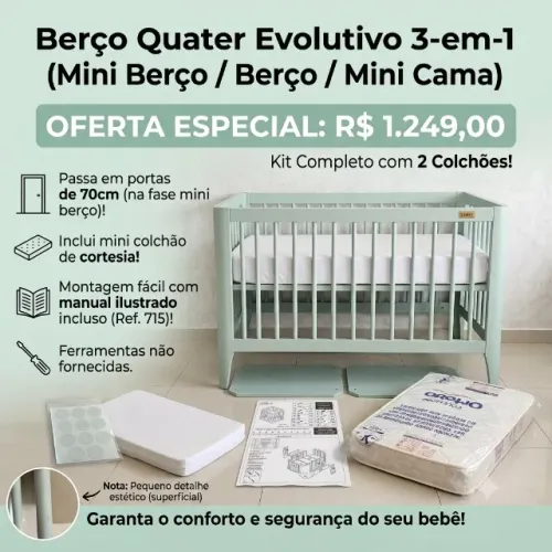 Berço Evolutivo Quater 3-em-1 (Verde Menta) + Colchões