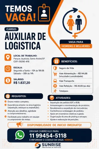 AUXILIAR DE LOGISTICA - SANTO ANDRÉ/SP - INICIO IMEDIATO