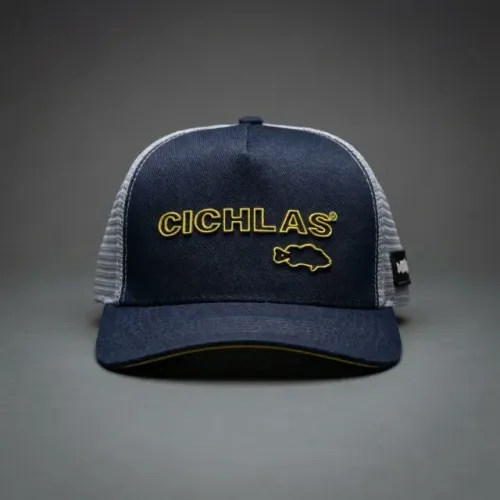 Boné De Pesca Cichlas Original Azul Marinho Bordado Amarelo
