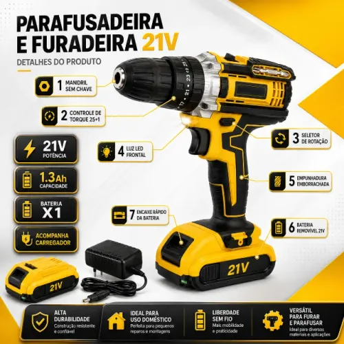 Parafusadeira e Furadeira 21v Com 1 Bateria