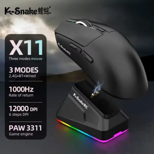 MOUSE GAMER K-SNAKE X11 - ALTA PERFORMANCE + RGB + 3 MODOS - Dock De Carregamento - Preto