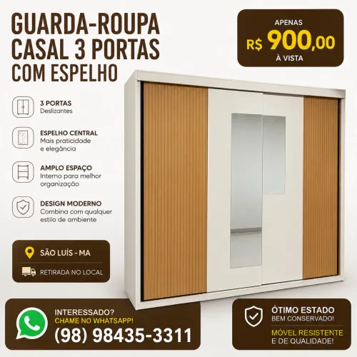 Guarda-Roupa Casal 3 Portas de Correr com Espelho - R$ 900,00