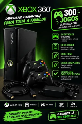 Xbox 360 Desbloqueado + 300 Jogos + 2 Controles + HDMI