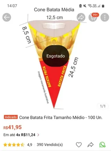Cone para Batata Frita com suporte para molho + Copinhos para molho - 196 und