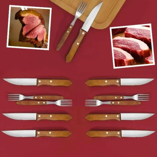 Jogo de Churrasco Talheres com Facas de Mesa e Garfos cabo Madeira Tratada e Lâmina em ino