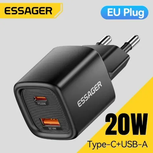 Carregador Rápido Duplo Usb-c+a 20w Pd Gan Qc Essager Preto