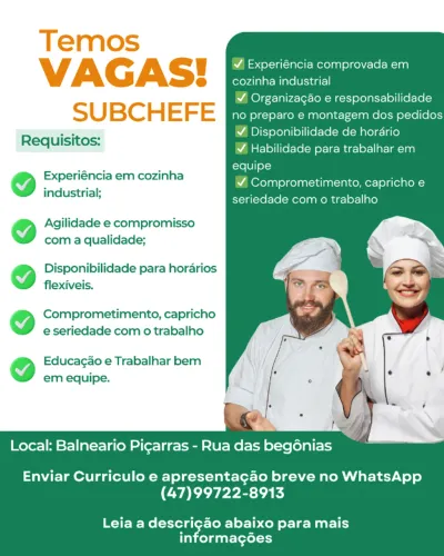 VAGA DE TRABALHO - SUBCHEFF / COZINHEIRO