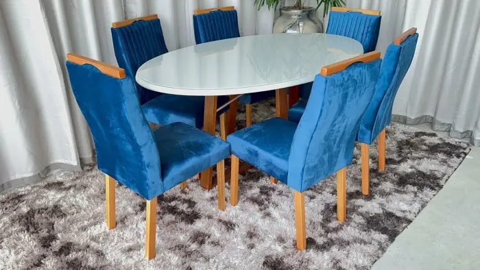 Mesa de Jantar Oval com 6 Cadeiras Azuis