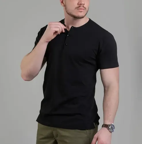 Camiseta Masculina Texturizada Henley preta - tam M