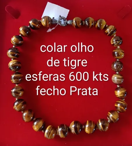 Colar olho de tigre esferas 600kts 14mm fecho linha Prata 45cm 