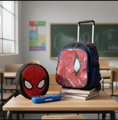 Kit De Mochila De Rodinha Homem Aranha Com Lancheira e Estojo