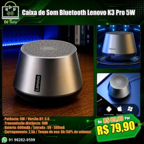 Caixa de Som Bluetooth Lenovo K3 Pro 5W