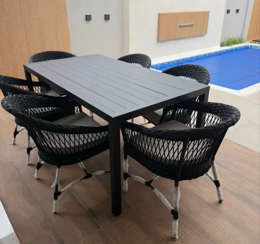 Mesa área externa alumínio ripado corda nautica poltrona 
