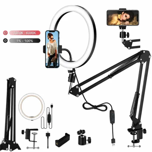 Ring Light LED com Braço Articulado de Mesa e Suporte para Celular