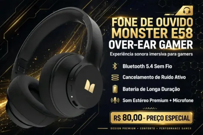 Fone de Ouvido Monster E58 Over-ear Gamer Sem Fio, Bluetooth 5.4 e Cancelamento de Ruído