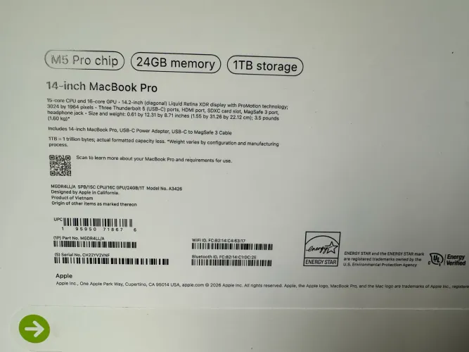 MacBook M5 Pro 14.2 2026 24GB - 1TB SSD