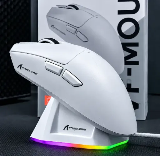 Mouse Gamer Attack Shark X11 Branco RGB - Original com Base de Carregamento e Cabo