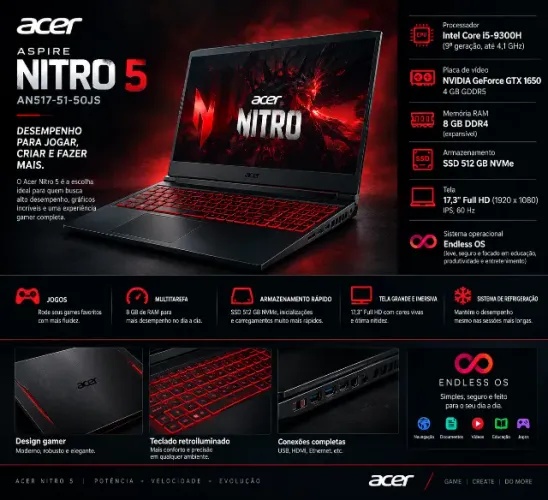 Notebook Gamer Acer Aspire Nitro 5 AN517-51-50JS