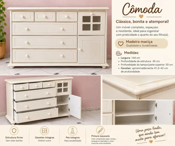 Cômoda grande madeira maciça em laca antiga retrô
