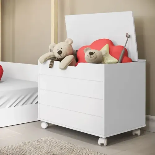 Caixa De Brinquedos Baú Toys Branco Com Tampa E Rodízios