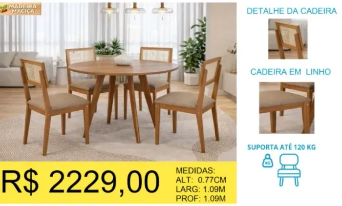 CONJUNTO DE MESA REDONDO MADEIRA MACIÇA 