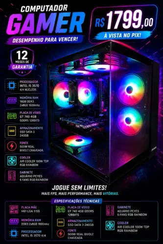 Computador Intel I5 16GB SSD 240GB Placa de Vídeo 4GB Fonte 500w Gabinete Gamer 6 Fans RGB