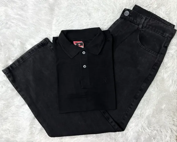 Kit Calça Balão e Camisa Polo Preta