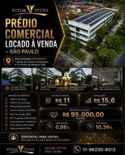 Prédio Locado à Venda em São Paulo - CAP: 10,5% ano - Inquilino de 1ª linha - Confira!