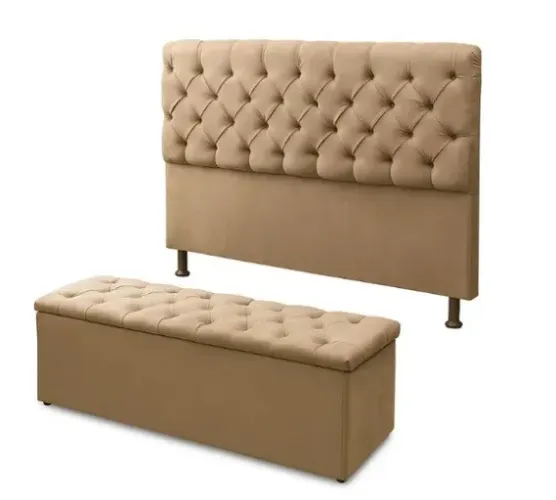 Cabeceira Queen + Calçadeira Baú Bege | Elegância, Conforto e Organização para Seu Quarto