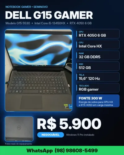 Notebook Gamer Dell G15 RTX 4050 32GB RAM DDR5