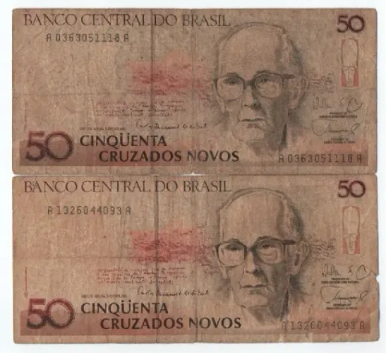 Lote 2 Cédulas Antigas 50 Cruzados Novos 1989 - Carlos Drummond