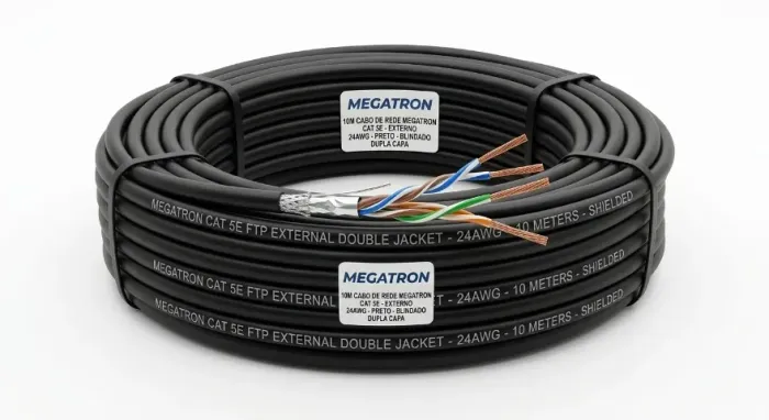 10M DE CABO DE REDE MEGATRON CAT 5E - EXTERNO / 24AWG - PRETO - BLINDADO / DUPLA CAPA