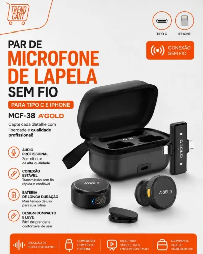 Par de Microfones de Lapela Sem Fio para Tipo-C e iPhone MCF-38 A?Gold