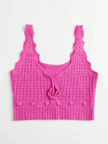 Cropped Tricô Rosa Pink com Amarração e Pompons - Tamanho Único