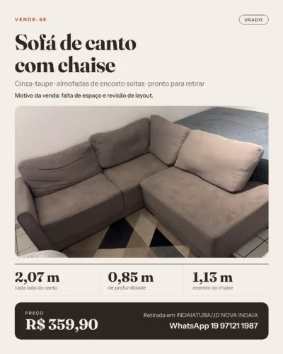 *Valor Reduzido* Sofá de canto com chaise cinza-taupe, usado