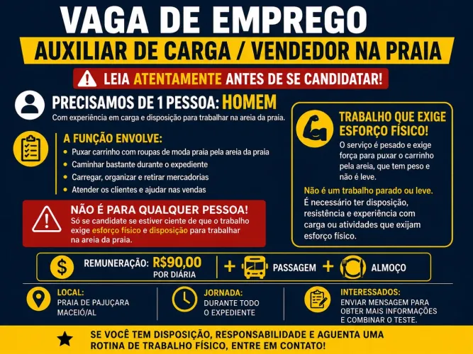 Vaga de Emprego - Auxiliar de Carga / Vendedor na Praia - Pajuçara