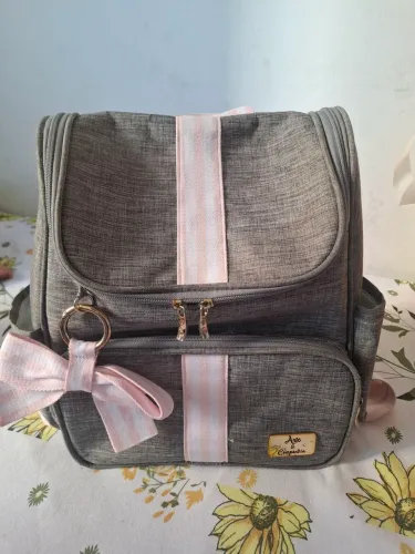 Mochila Maternidade/Passeio de Bebê - Cinza com Rosa