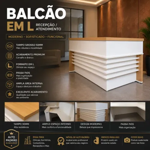 Balcão para Escritório Atendimento/Recepção em L Carvalho/Branco