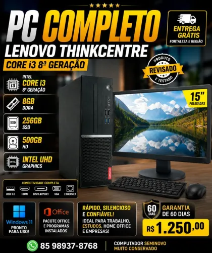PC COMPLETO LENOVO THINKCENTRE CORE I3 8ª GERAÇÃO + 8GB + SSD 256GB + HD 500GB + MONITOR !