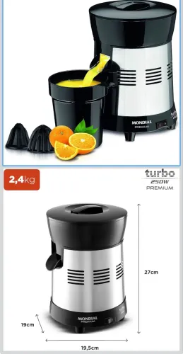 MONDIAL Extrator de Sucos Turbo Premium Preto/Inox, 250W, Bivolt - E-10