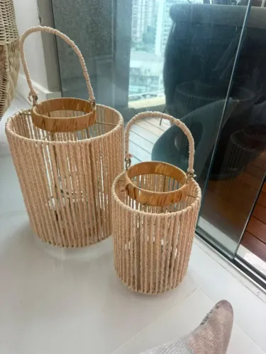 Conjunto de Lanternas Decorativas em Corda Natural com Suporte para Vela - 2 Peças