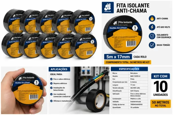 Kit 10 Fitas Isolantes Anti-Chama 5m x 17mm 600V