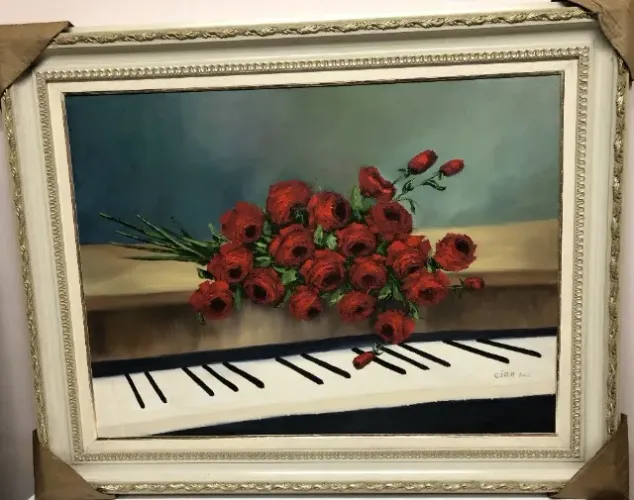 Maravilhoso Quadro "Piano e Rosas" pintado a óleo em tela (100 x 80)