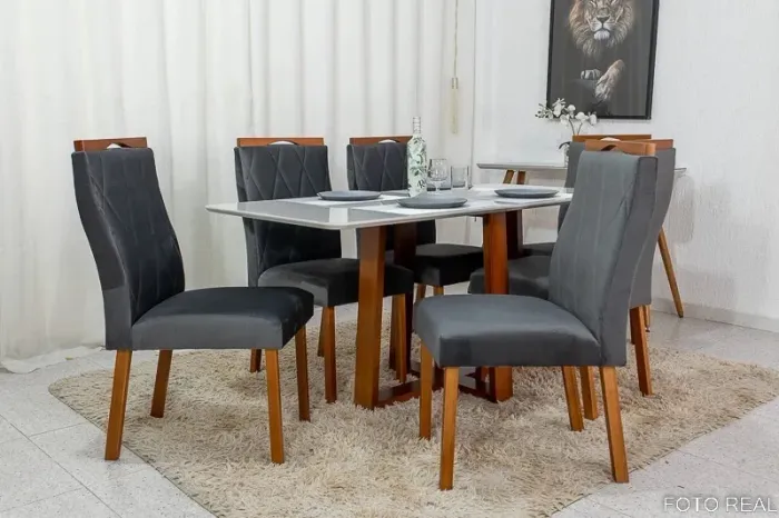 Mesa de Jantar Pedro Mel Vidro Off 160×80 6 Cadeiras Lisboa Veludo Madeira Maciça