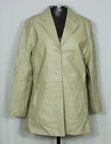 Jaqueta feminina de couro legítimo alongada off white - Veste M/G - Ref. 4831