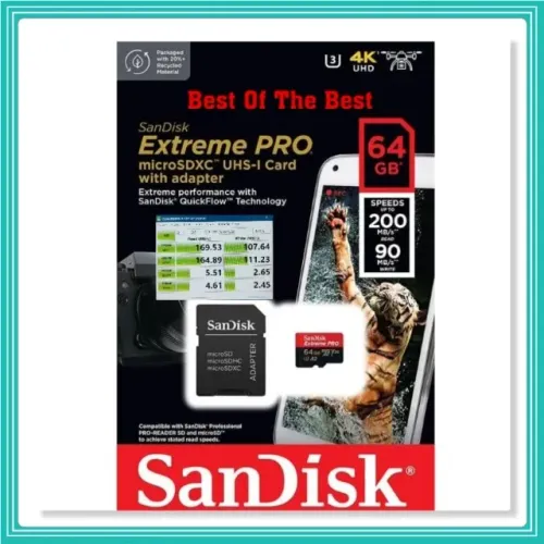 SanDisk Extreme Pro A2 200MBs 64GB micro SD SDHC SDXC Card 4K C10