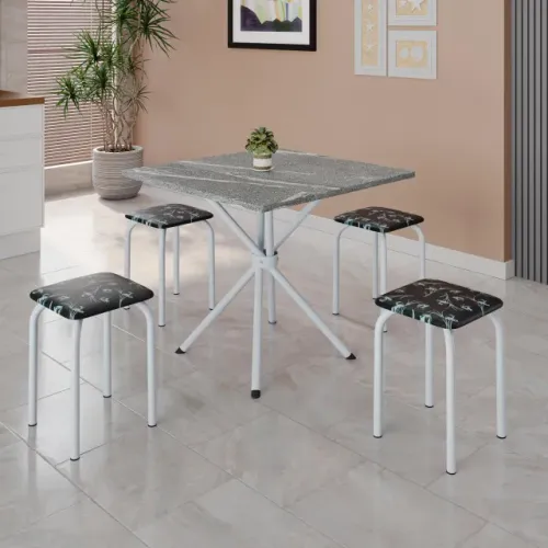 Conjunto Mesa Bali Branco Tmp Granito Topazio 70x70 com 4 Tamboretes Branco.Lirio Preto Te