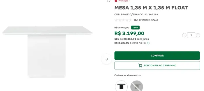 Mesa 1,35m x 1,35m Float - Branco