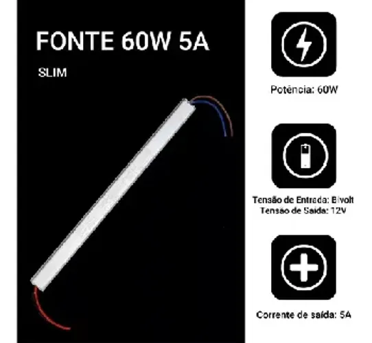 Fonte Slim Driver Para Perfil Fita De Led 12v 5a 60w